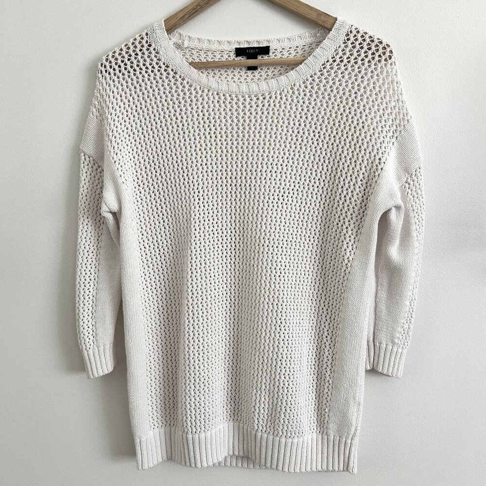 J CREW Women's Cream Open-Knit XS 100% Cotton 1/4 Sleeve Oversized Sweater